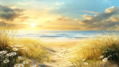 Sunlit dunes and daisies framing a serene seaside horizon.