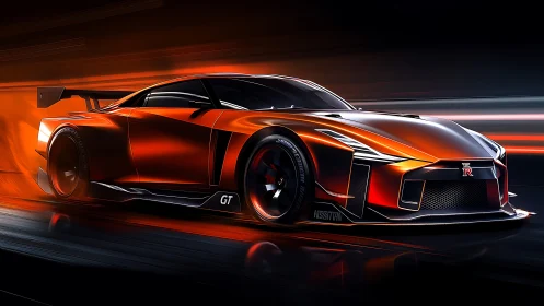 Electric orange GT-R concept races through neon-lit night