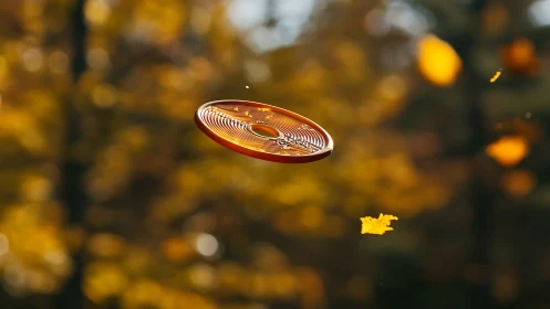 Autumn frisbee soaring gently through golden fall leaves.