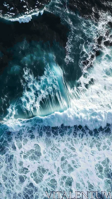 High-energy breaking ocean wave captured in vertical aerial view