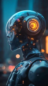 Neon-souled android sentinel under rain-glossed city glow.