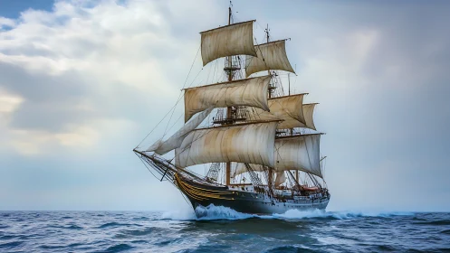 Storm-kissed tall ship sprinting beneath vaulted sky sails.