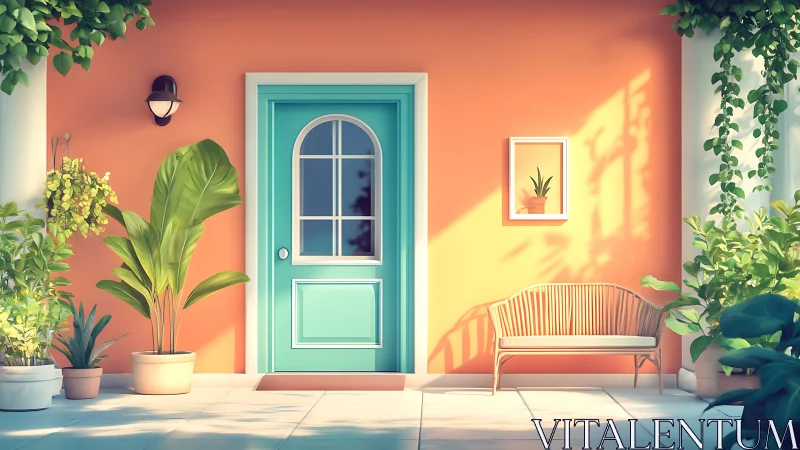 Turquoise front door centered on orange patio wall