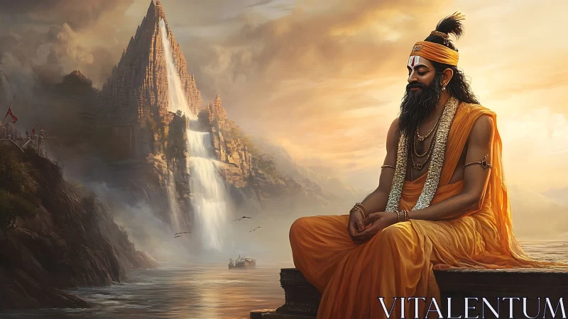 Serene sage in saffron robes beside mystical waterfall temple.