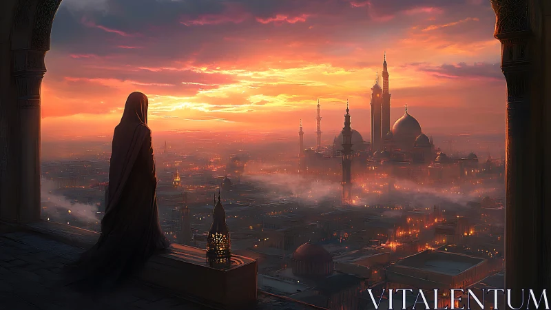 Hooded figure observes misty domed city under vivid sunset