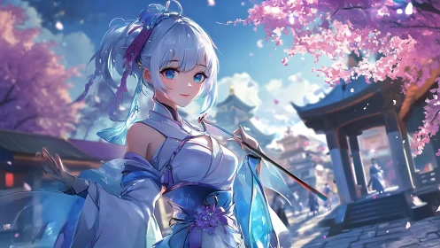 Anime swordswoman under cherry blossoms in ornate robe.