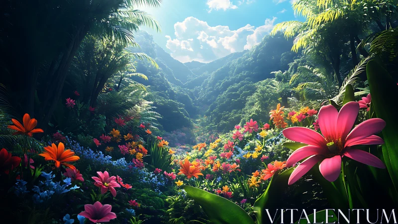 Lush tropical valley with dense multicolor wildflower bloom