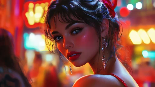 Neon-lit portrait renders cinematic bokeh around poised woman