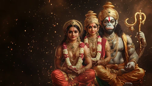 Divine trio in ornate golden attire radiates sacred warmth