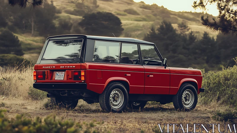 Retro red off-road SUV in coastal grassland at dusk.