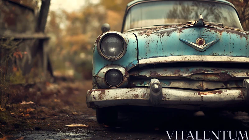 Rust-kissed blue classic car dreaming in autumn quiet.