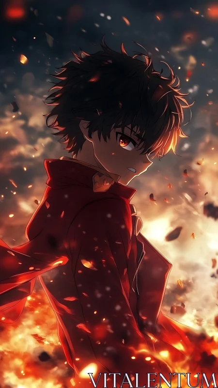 Anime boy in red coat amid burning embers and smoke.