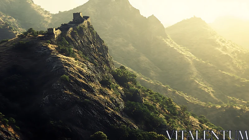 Hilltop fortress along rugged sunlit mountain ridge.