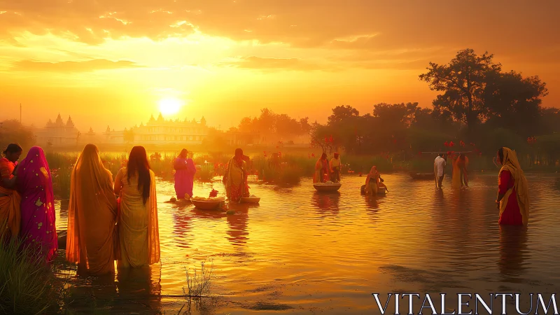 River worshippers under radiant golden sunrise light.