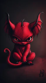 Red horned creature with folded wings in dark space.