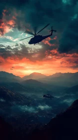 Military helicopters crossing stormy mountains at sunset.