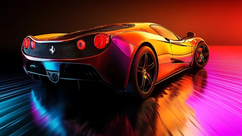 Neon-lit supercar glows against a vibrant futuristic skyline.