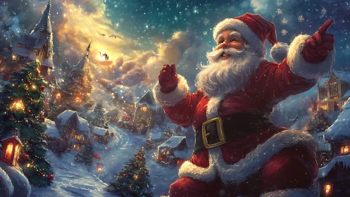 Snow-sparkled Santa conducts a twinkling Christmas village
