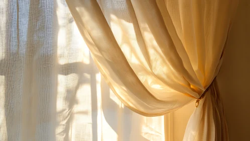 Sunlit sheer curtains partially drawn across a window