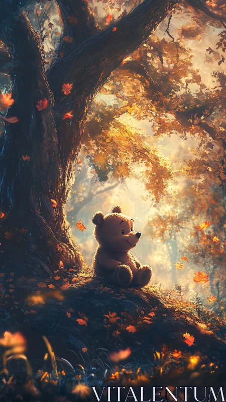 Gentle teddy bear resting beneath a glowing autumn tree.