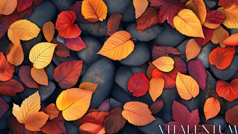 Autumn leaves scattered over smooth dark river stones.