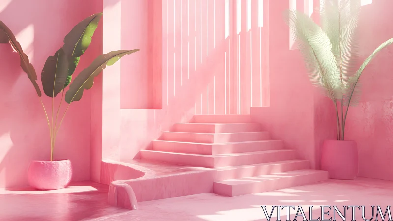 Minimalist Pink Atrium with Geometric Stairs and Botanical Accents