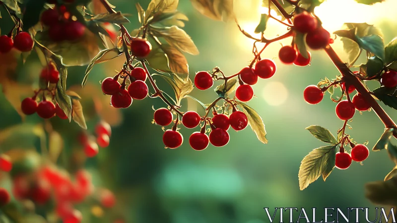 Backlit red berries on leafy branches in shallow depth of field
