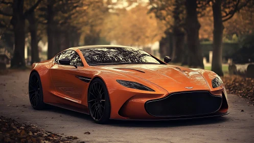 Orange supercar gliding under autumn trees at sunset boulevard.