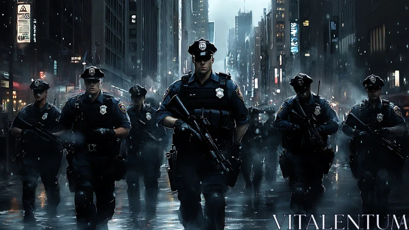 Heavily armed police unit advances through rain-soaked city street