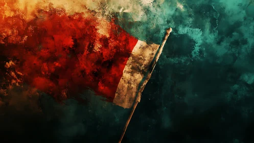 Textured tricolour flag amid turbulent abstract atmosphere.