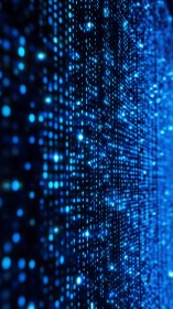 Neon blue data streams cascade across a digital matrix wall.