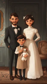 Whimsical wedding portrait with boy, bowties, and pup joy.
