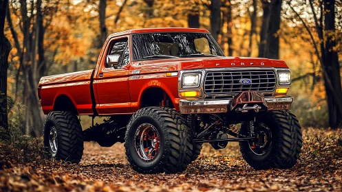 Bold lifted vintage truck glowing in warm autumn woods.