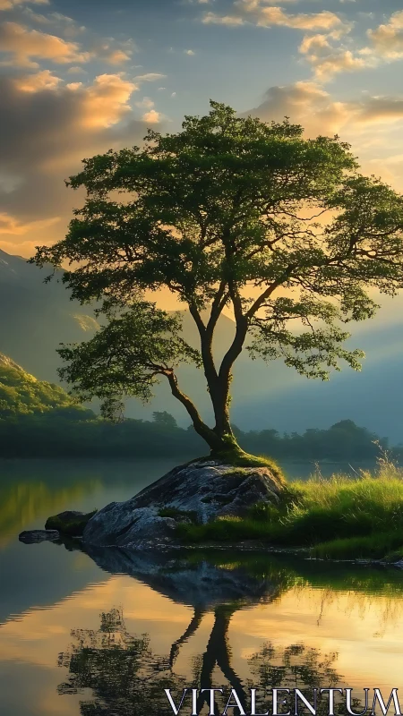 Gentle lakeside tree quietly glows in the soft evening light