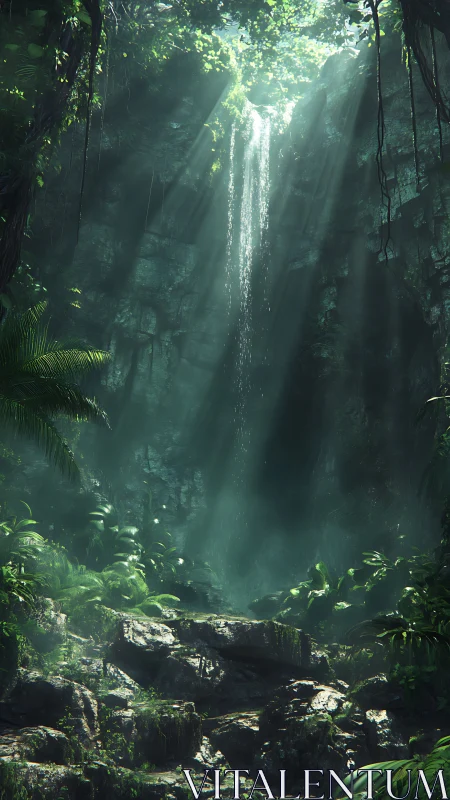 Sunlit Waterfall Cascades Through Ancient Rainforest Canopy.