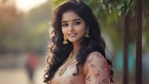 Soft backlit portrait shows saree, jewelry and shallow depth of field