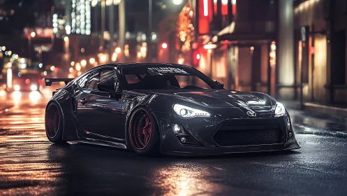 Sleek tuned sports car prowls through neon city streets at night.