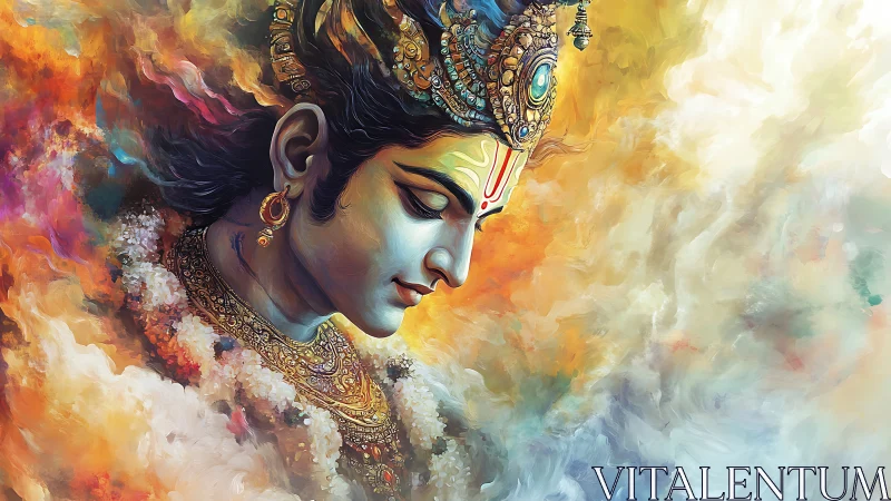 Divine profile portrait shows ornate figure amid swirling clouds