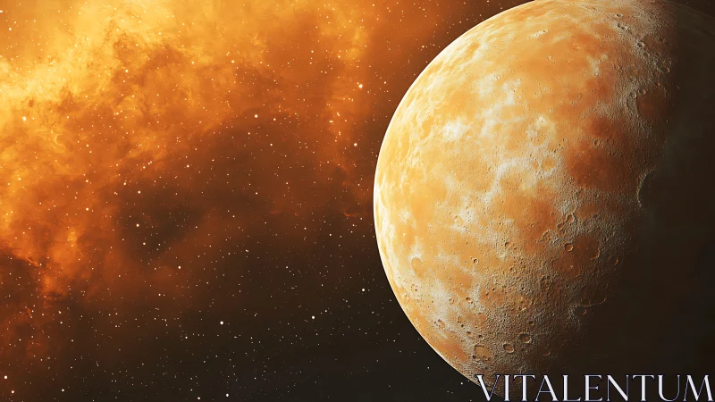 Golden cratered planet with nebular dust and starfield glow.