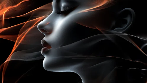 Profile view of stylized female face with flowing light bands.