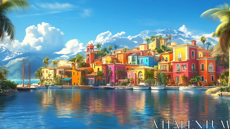 Mediterranean Coastal Villa Landscape with Snow-Capped Mountains