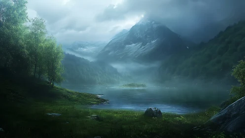 Mist-draped mountain cradle whispers over a still jade lake