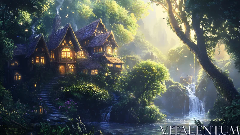 Cozy riverside cottage glowing in a dreamy forest twilight.