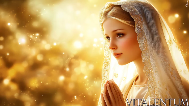 Luminous veiled woman in prayer against radiant bokeh field