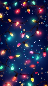 Colorful string lights glow against deep blue bokeh background