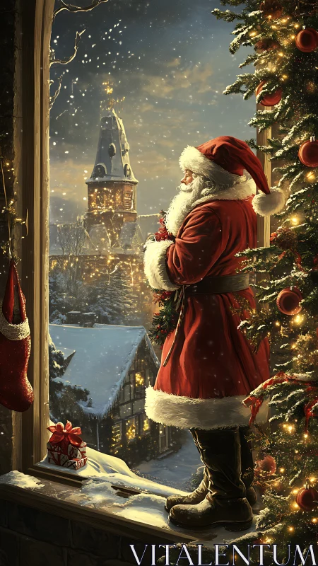 Nocturnal Santa profile at snowy village window vantage point.
