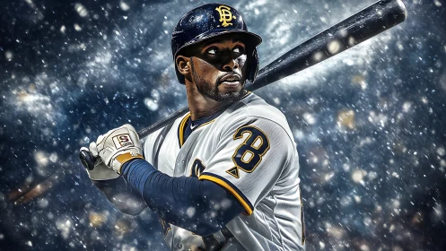 Dramatic digital portrait captures poised baseball batter in snow