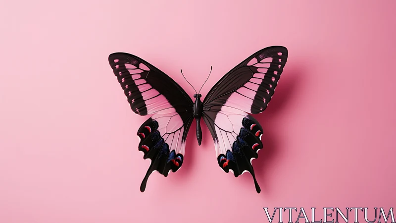 Pink and black butterfly on soft monochrome backdrop.