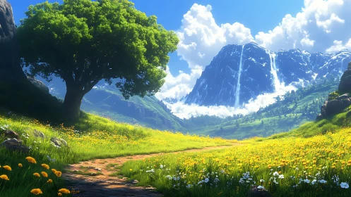 Sunlit wildflower valley beneath cascading crystal peaks.