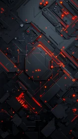 Futuristic black circuit board with red illuminated traces.